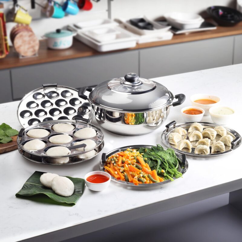 Cello Stainless Steel Induction Base Idli Cooker And Multi Kadhai Set of 6, Silver, 5 liter | Compatible With Gas Stove & Induction | Ideal For Dhokla, Patra, Idli and Momos - Image 7