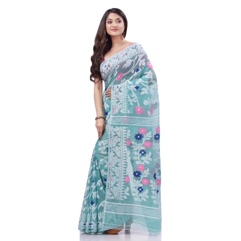 dB DESH BIDESH Women's Rangabati Resham Dhakai Jamdani Pure Cotton Handloom Saree Without Blouse Piece (Firoza, Multicolor) - Image 5