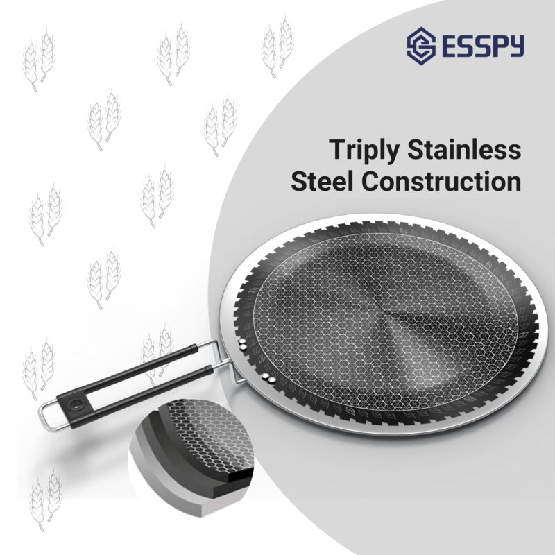 Esspy Triply Stainless Steel 10inch/26cm Tawa for Roti | Dosa Tawa | Paratha/Chapathi Tawa | Induction Friendly | Non-Stick | Metal Spoon Friendly | Honeycomb Pattern | Riveted Cool Touch Handle - Image 2