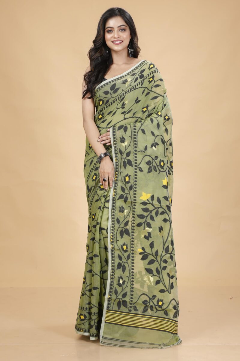 Tant Vastra Women’s Soft Resham Dhakai Lata Jamdani Saree without Starch And Without Blouse Piece (Light Pista) - Image 2