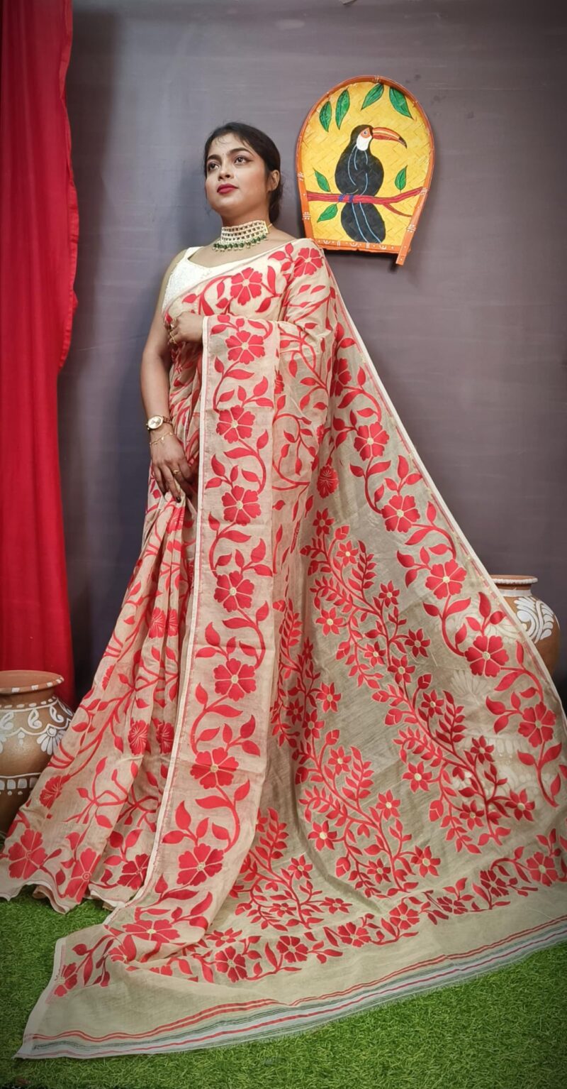 Women's Floral Print Lata Design Jamdani Cotton Silk Saree Without Blouse Piece (Cream) - Image 3