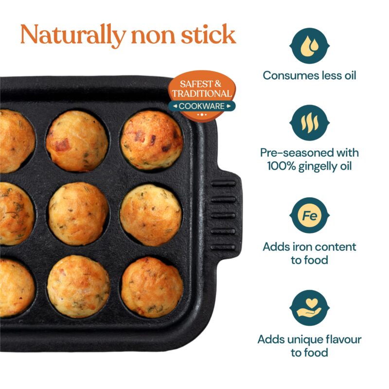 Bhagya Cast Iron Cookware Bhagya Cast Iron Paniyaram Pan/Unniyappam Chatty/Paddu Maker/Appam Pan Pre-Seasoned | Naturally Non-Sticky Cookware | Non Toxic - 9 Holes, Large - Image 7