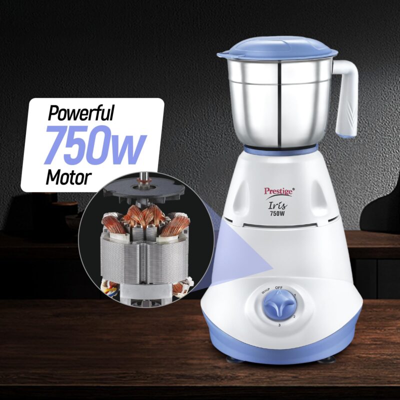 Prestige Iris 750 Watt Mixer Grinder with 3 Stainless Steel Jar + 1 Juicer Jar (White and Blue) - Image 3