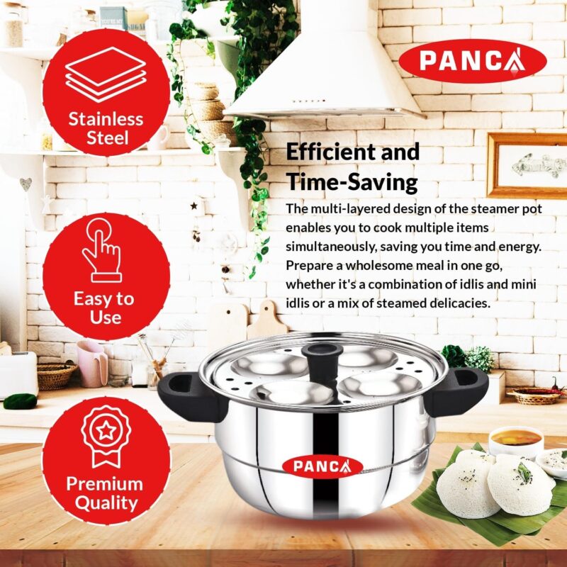 PANCA Idli Maker Stainless Steel Idli Cooker, Idli Steamer, Dhokla Maker and Mini Idli Plate, Idly Pot (Silver, 12 Idli 5 Plate Idli Kadai) - Image 5