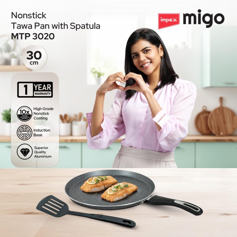 Impex Non Stick Tawa Pan with Spatula 30 cm Induction Base Tawa Pan Granite Finish Tawa Pan | Multi-Purpose Aluminium Tawa | Induction and Gas Stove Compatible Dosa Tawa - Image 7