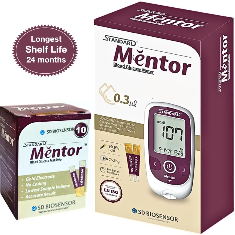 STANDARD Mentor Digital Blood Glucose Meter for self Diabetes testing monitor machine with 10 Strips & complete medical device Kit - Glucometer (Magenta) - Image 4