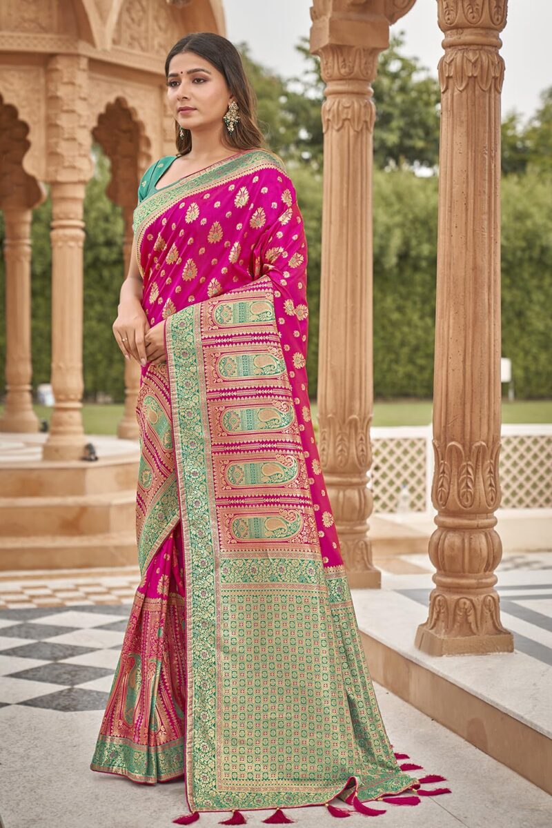 Monjolika Fashion Women's Rani Pink color Banarasi Silk blend Zari Weaving work Saree With Blouse (MNJ-8201_ Rani Pink) - Image 6