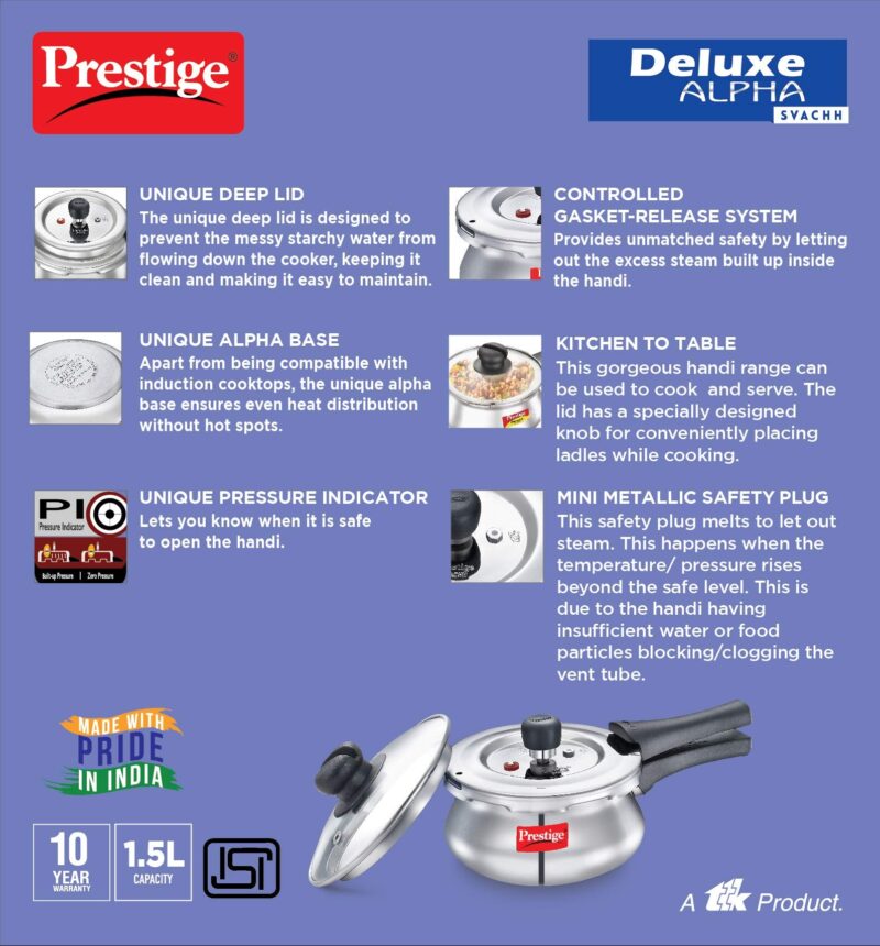 Prestige Deluxe Alpha Svachh Stainless Steel Pressure Cooker 1.5L With Glass Lid (With Deep Lid For Spillage Control ) - Image 5