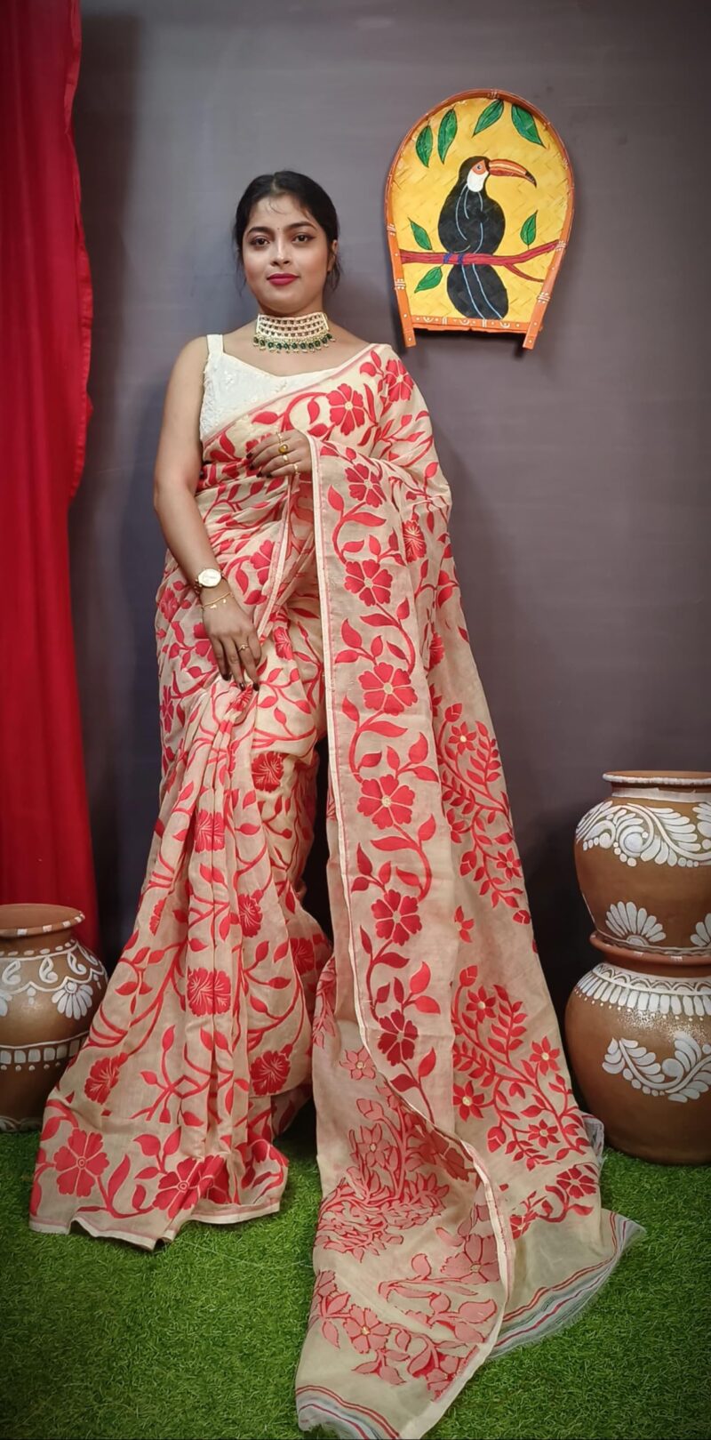 Women's Floral Print Lata Design Jamdani Cotton Silk Saree Without Blouse Piece (Cream) - Image 2