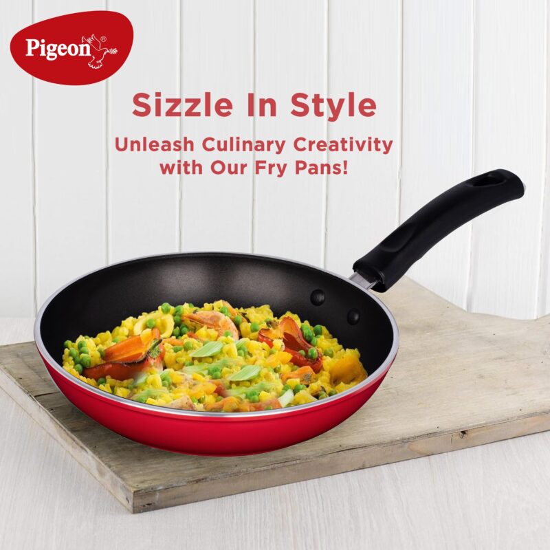 Pigeon by Stovekraft Basics Aluminium Non Stick, Non Induction Base Frypan, 220 mm, Red - Image 2