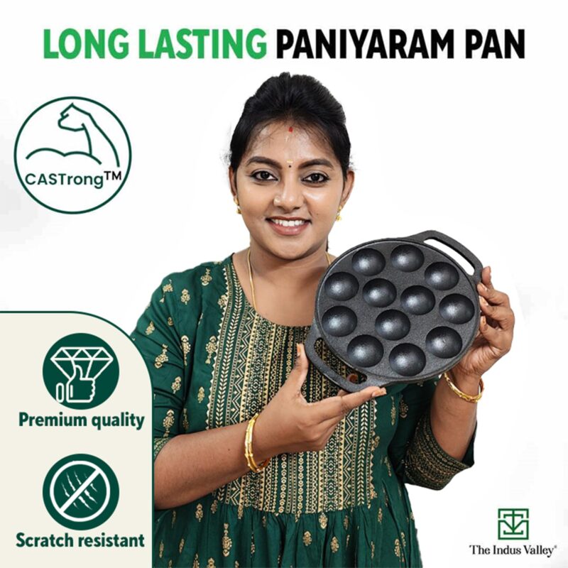 The Indus Valley Pre-Seasoned Cast Iron Paniyaram Pan With Spatula|Medium, 12Pit, 8.3Inch/21 Cm, 2Kg|Induction Friendly|Nonstick Appe/Paddu Pan, 100% Pure & Toxin-Free, No Chemical Coating, Black - Image 3