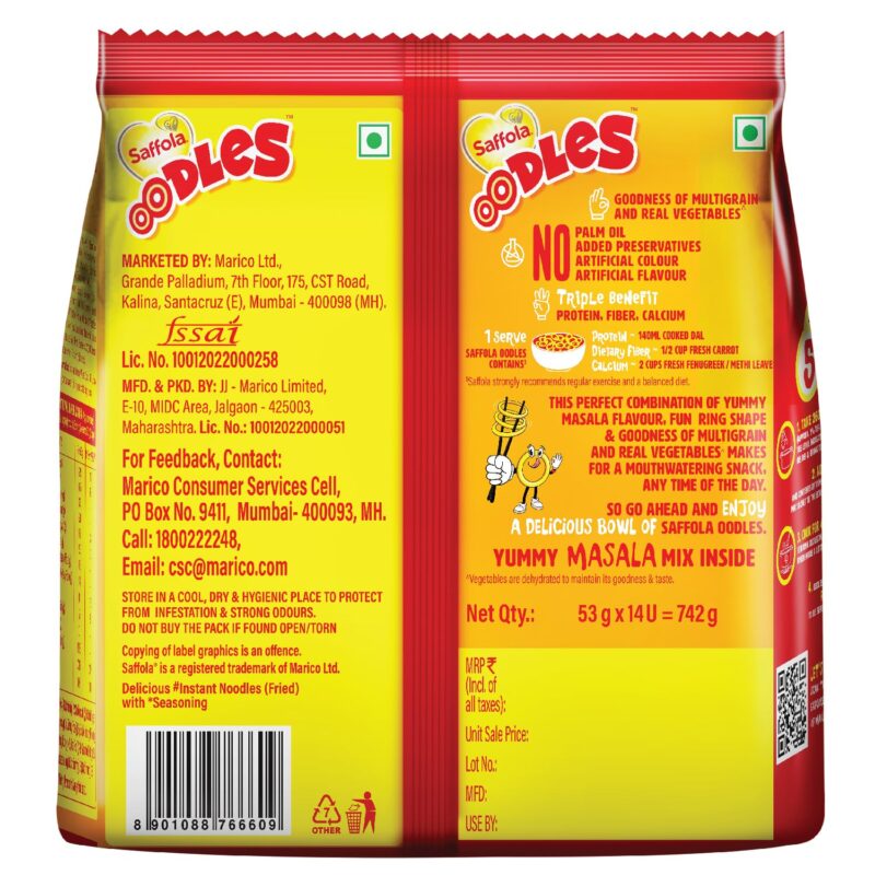 Saffola Oodles Yummy Masala Pack of 14 (14x53g) 742gm, Instant Noodles, Ring Noodles, No Maida, Goodness of Millet & Oats - Image 2
