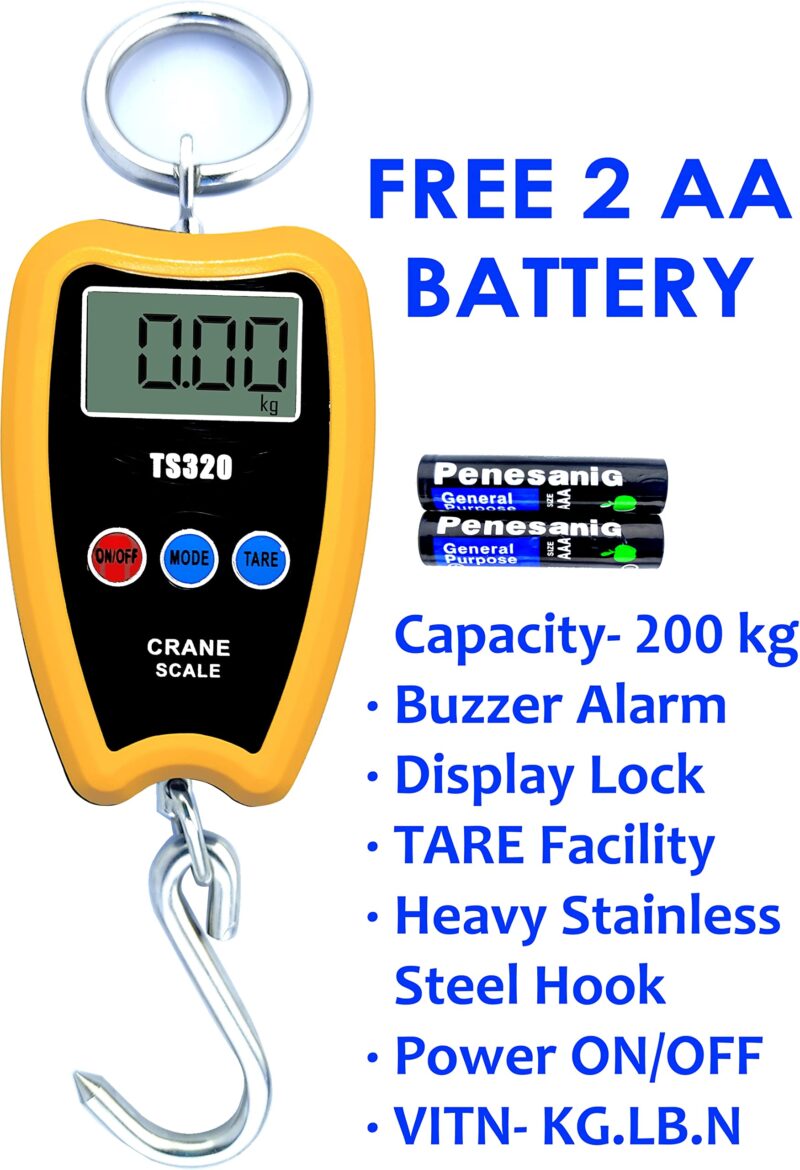 NIVAYO 200 Kg Capacity, Mini Crane Scale with 2 AAA Batteries for Luggage, Home Weighing Scale (Yellow) - Image 5