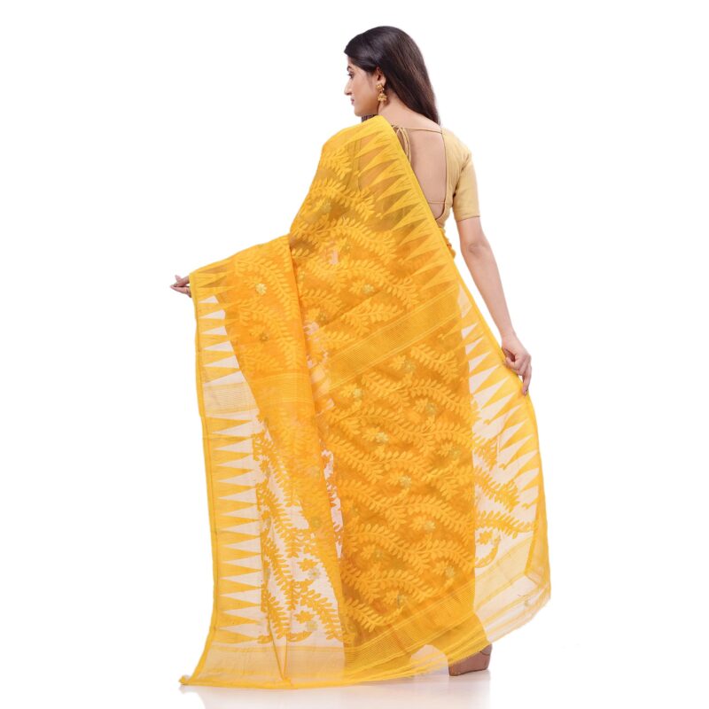 dB DESH BIDESH Women`s Traditional Tamarind Leaf Resham Dhakai Jamdani Pure Cotton Handloom Saree without Blouse Piece (Yellow Red) - Image 6
