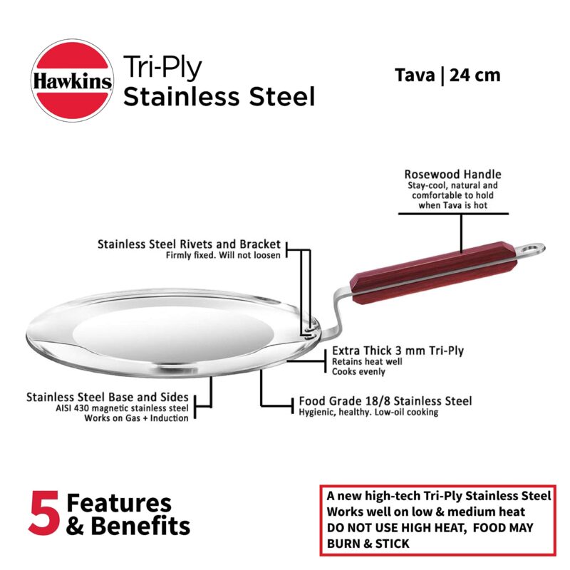 Hawkins 24 cm Tava, Triply Stainless Steel Tawa with Stainless Steel Handle, Induction Tawa, Silver (SSTV24) - Image 6