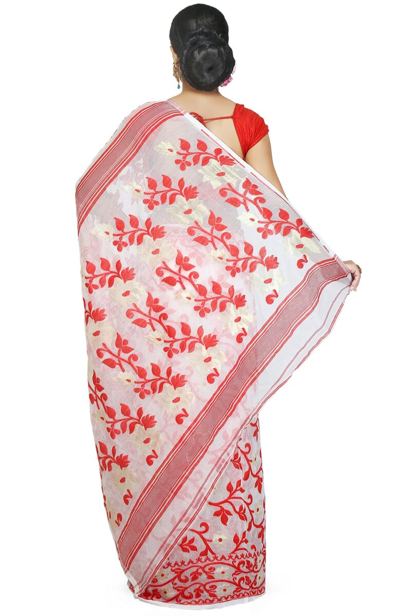 BENGAL HANDLOOM Exclusive Women's Cotton Silk Dhakai Allover Soft Jamdani Sarees (White & Red) - Image 3