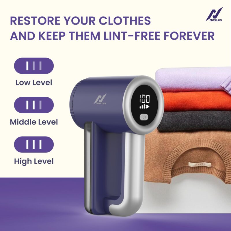 Nexlev Lint Remover & Fabric Shaver | Sofa, Blanket & Clothes |Digital Display| 6 Stainless Steel Blades| 3 Speed Modes| Heavy Duty| 120Mins Usage| Large Tank | Type C| 2000 mAh Battery | LR-02 (Blue) - Image 5