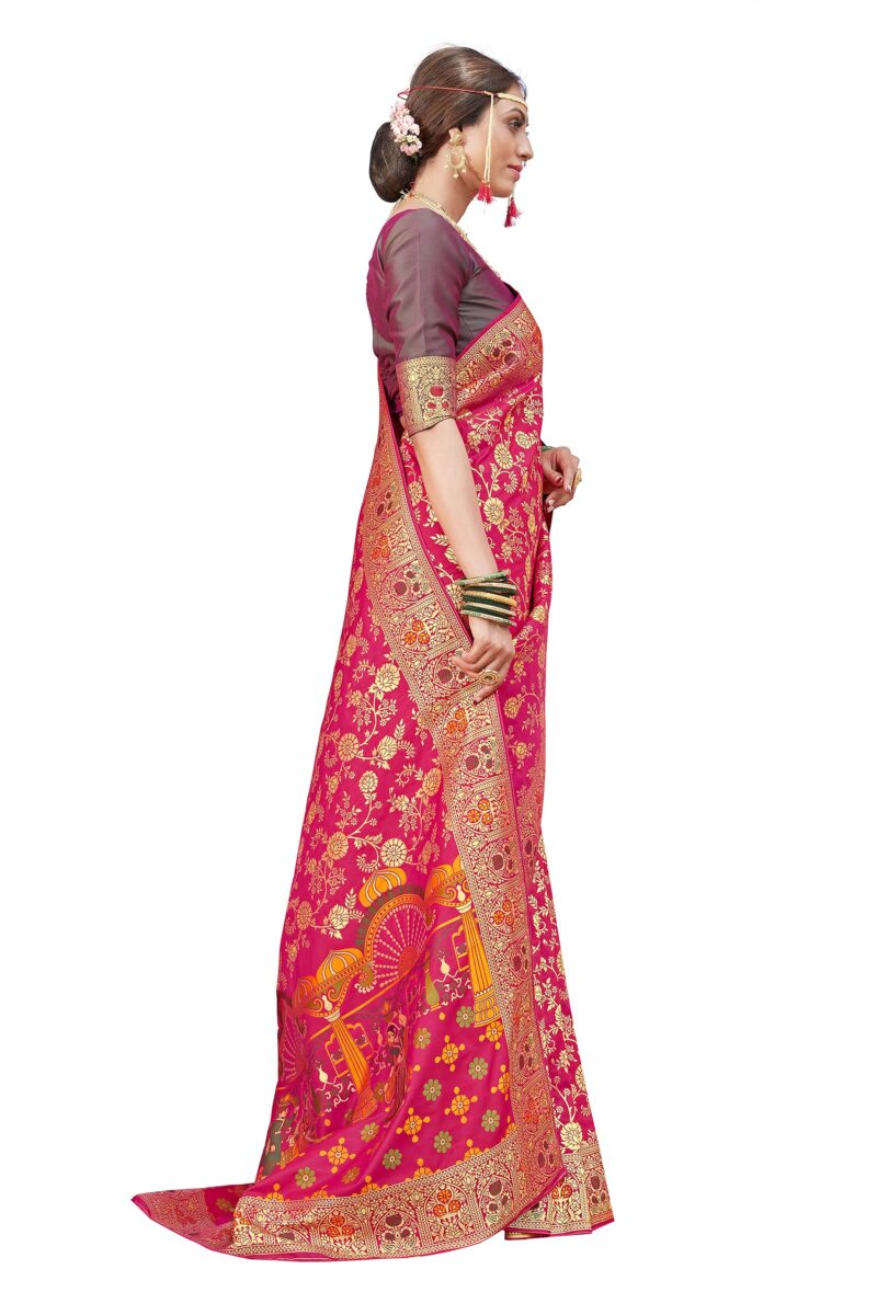 Monjolika Fashion Women's Banarasi Silk Saree With Blouse Piece. (Rani Pink-3804) - Image 5