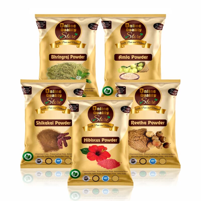 Online Quality Store Amla Reetha Shikakai, Bhringraj And Hibiscus Powder For Hair (Pack Of 5 Count, 50G Each, Total 250G Pack), All