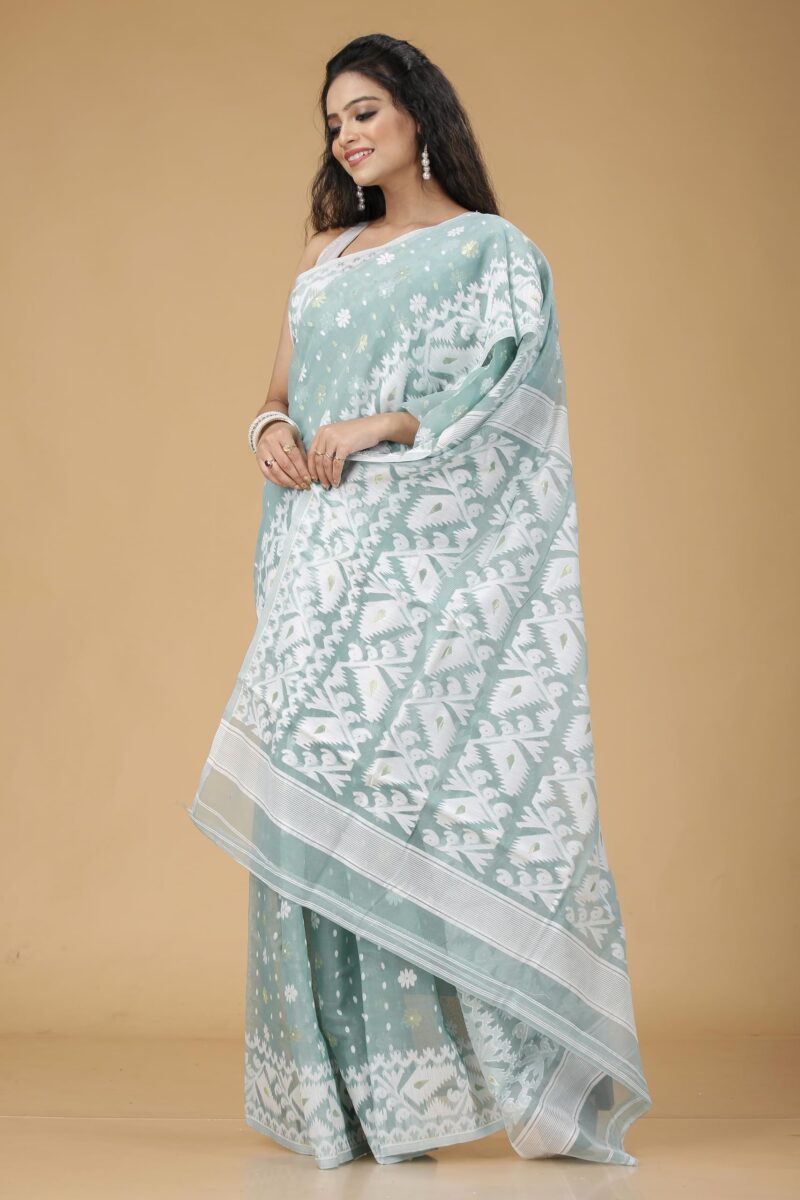 OISHANI SAREE GHOR Women's Traditional Bengal Cotton Silk Soft Jamdani Saree - Beautiful design and Quality - Without Blouse Piece (Pastel Turquoise) - Image 7
