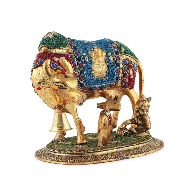LABHCART Handcrafted Brass Golden Kamdhenu Cow with Calf, Vastu Gau MATA Idol, Spiritual Vastu Nandi Pooja Figurine Sculpture, Kamdhenu Cow & Calf Idol for Home and Office - Image 4