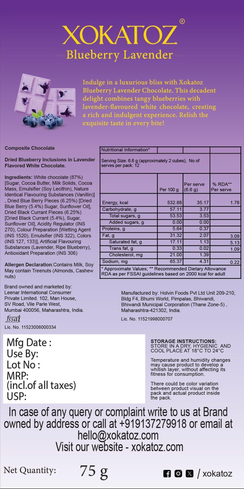 XOKATOZ Exotic Premium Chocolate - 1 Blueberry Lavender Flavoured White Chocolate Bars - Gift set - Pack of 1, 75g (75g x 1) - Image 7