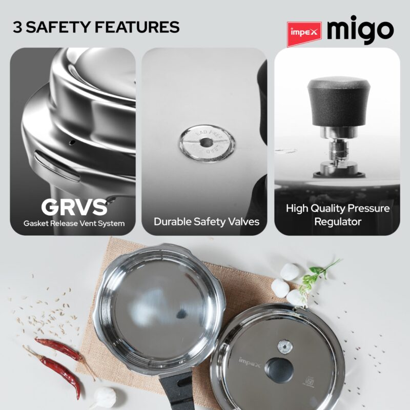 Impex Migo Stainless Steel Pressure Cooker With Outer Lid Induction and Gas Stove Compatible, 2, 3, 5 Litre Capacity for Healthy Cooking, with 5 Years Warranty - Image 5