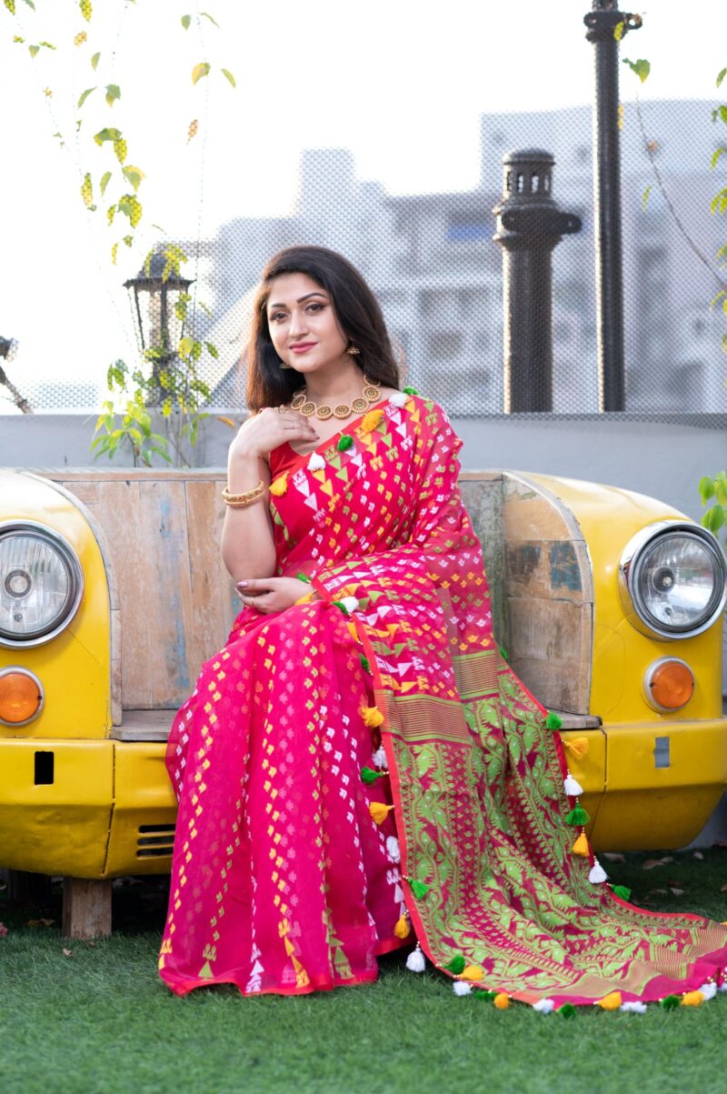 Rupanjali Jamdani Handloom Woven Pure Cotton Soft Light Weight Saree For Women's - Rani - Image 7