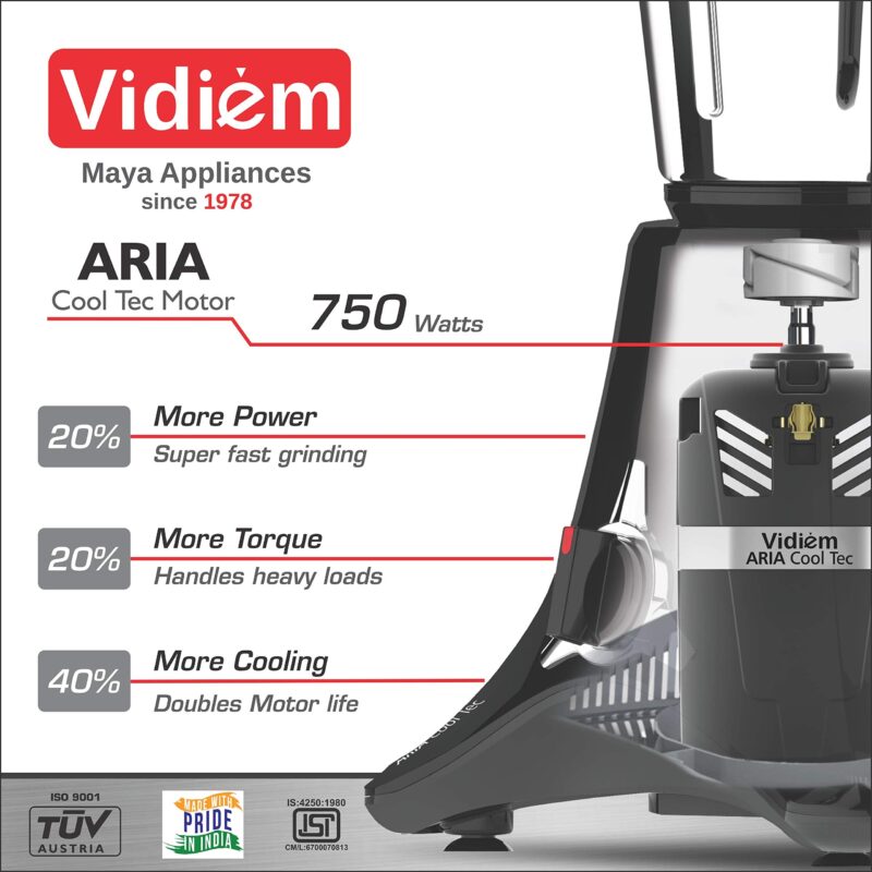 Vidiem Acrylonitrile Butadiene Styrene Mixer Grinder 518 A Vstar Premium 750Watt(Black)With 4 Leakproof Jars&1 Juicer Mixer Grinder|Self-Lock For Wet&Dry Spices,Chutneys&Curries|5 Years Warranty(750) - Image 3
