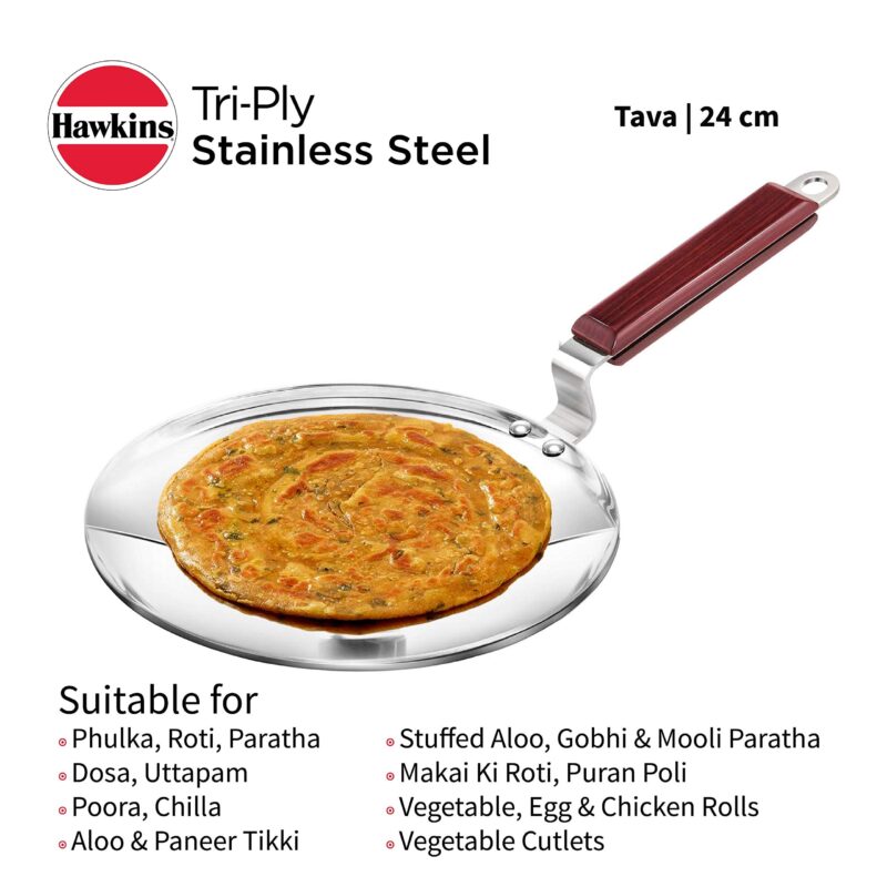 Hawkins 24 cm Tava, Triply Stainless Steel Tawa with Stainless Steel Handle, Induction Tawa, Silver (SSTV24) - Image 3