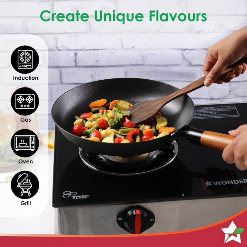 Wonderchef Pre-Seasoned Ferro Light 24cm Cast Iron Fry Pan | 1.4L | Acacia Wooden Handles | Gravity Moulding Technology | No Chemical Coating |10 Year Warranty - Image 3