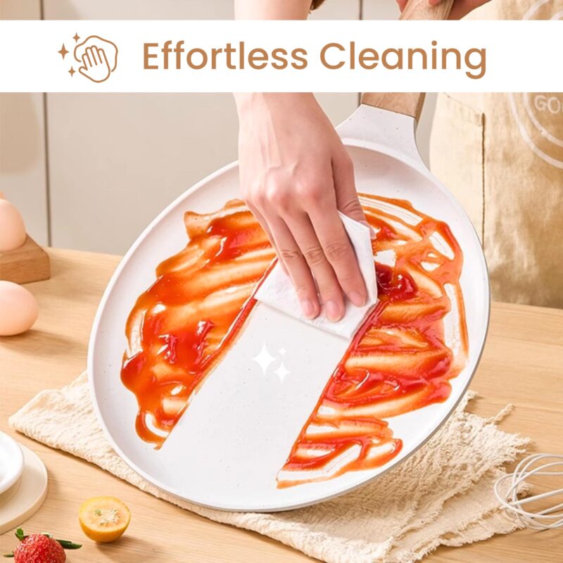 HomeEssentials Maifan Nonstick Tawa – Healthy Nonstick Pan with Wooden Handle/Easy to Clean Cooking Pan for Dosa, Chapati, Pancakes & Omelets/Induction & Gas Stove (White) - Image 3