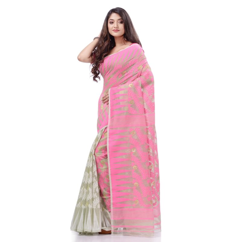 dB DESH BIDESH Women`s Tamarind Leaf Resham Dhakai Jamdani Pure Cotton Handloom Saree Whole Body Design without Blouse Piece (Pink Off White) - Image 5