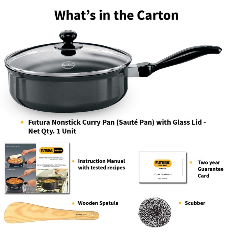 Hawkins Futura 3.25 Litre Curry Pan, Non Stick Saute Pan with Glass Lid, Deep Pan for Frying, Black (NCP325G) - Image 2