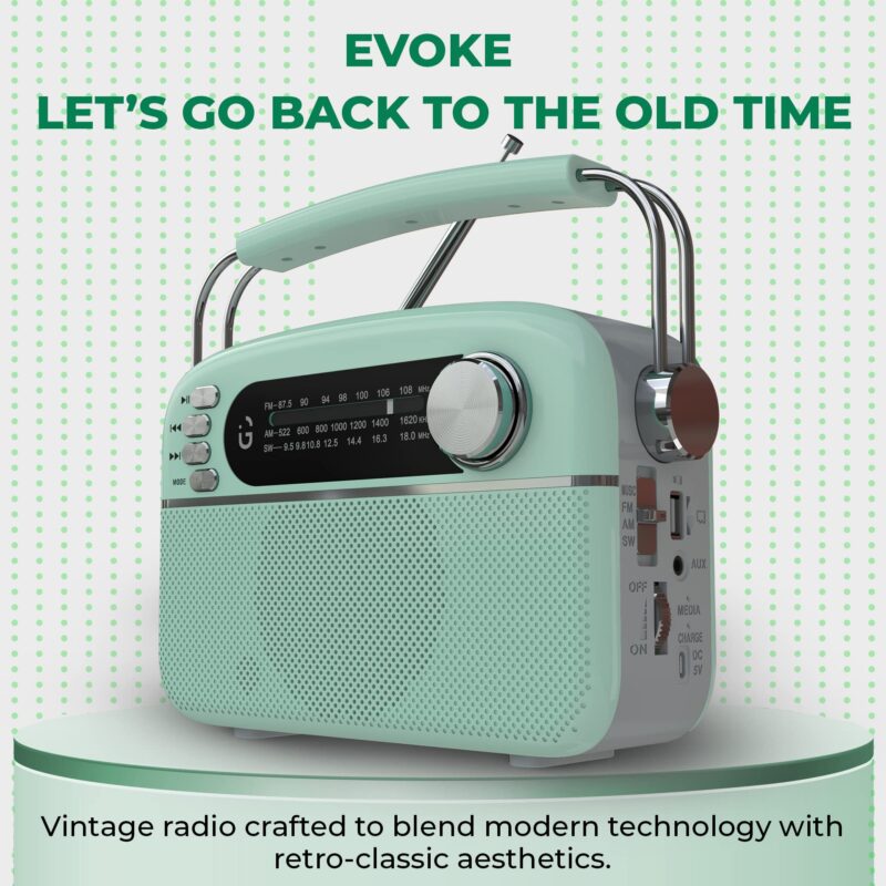 iGear Evoke Retro Modern style Radio and MP3 player with FM/AM/SW, 3 bands, Bluetooth, USB, TF/SD Card, 1200mAh rechargeable battery, Solar charger, Material ABS and Metal, Colour Pearl Blue and Silver, 1 Year Free replacement warranty. - Image 8