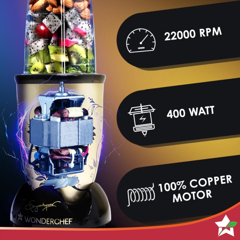 Wonderchef Nutri-blend Mixer, Grinder & Blender|500W 22000 RPM 100% Full Copper Motor|Stainless Steel Blades|2 Unbreakable Jars|2 Years Warranty|Recipe book by Chef Sanjeev Kapoor|Champagne - Image 6