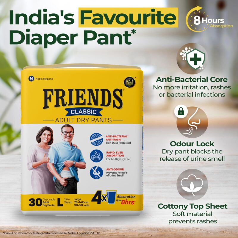 Friends Classic Adult Diapers Pants Style - 30 Count (Large) with odour lock, Unisex, Leakproof, Elastic Waist and Anti-Bacterial Absorbent Core - Waist Size 30-56 inch; 76-142 cm - Image 5