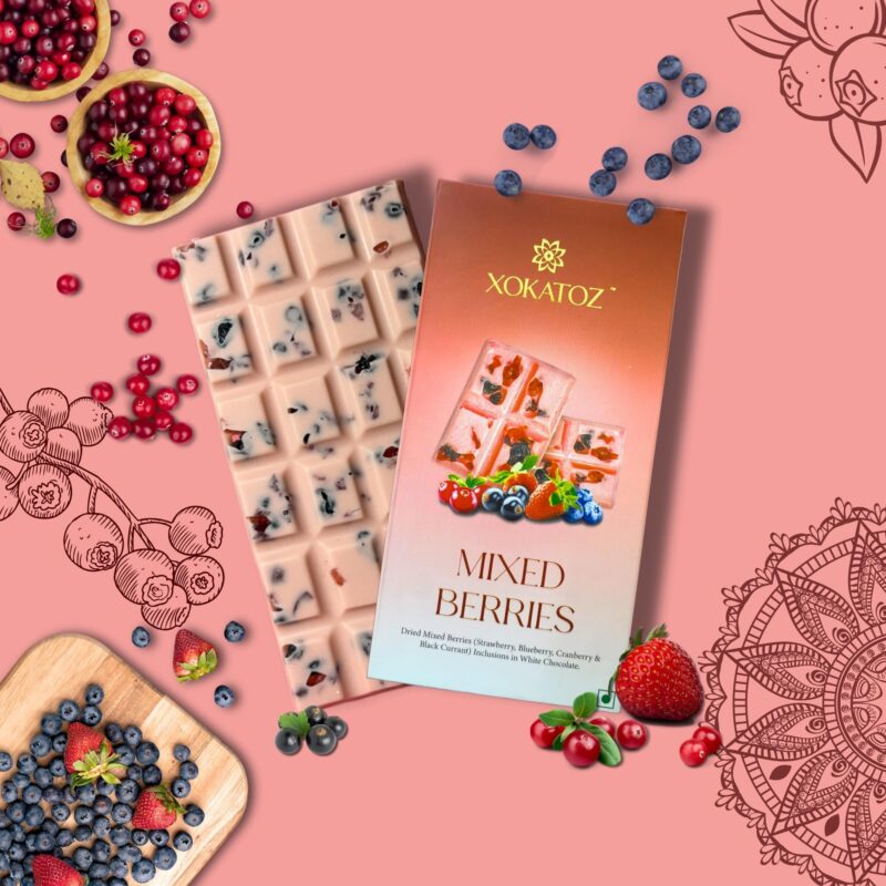 XOKATOZ Exotic Premium Chocolate - 1 Mixed Berries and 1 Kesar Pista Flavours - Flavoured White Chocolate Bars - Gift Set- Pack of 2, 150g (75g x 2) - Image 3