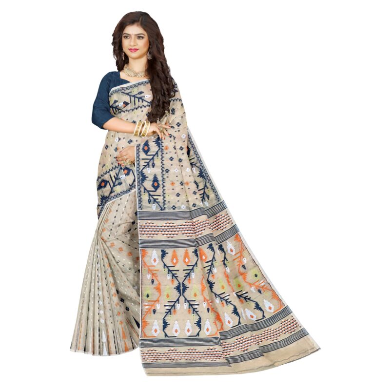 Mayabi Women's Dhakai Jamdani Cotton Silk Saree Traditional Bengali Tant Korat Work, Without Blouse Piece (Creamy White)