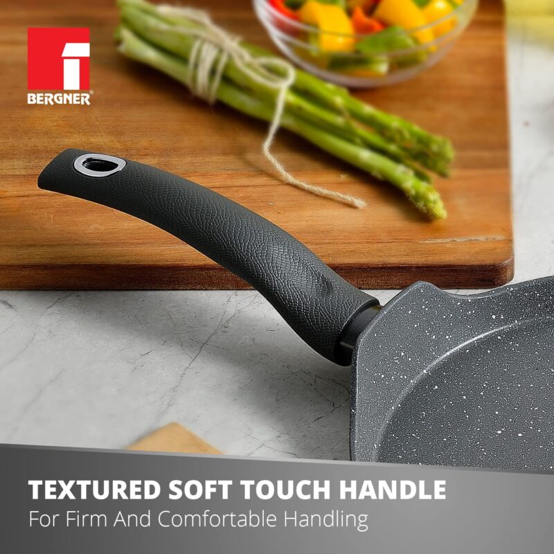 Bergner Orion NonStick 26 cm Tawa/ Dosa Pan, 100% Recyclable, For Low Oil Paratha/Dosa/Uttapam/Pancake/ Crepe/Eggs/Toasts, Textured Soft Touch Handle, Granite Finish, Induction & Gas ready, 1-Year Warranty - Image 6