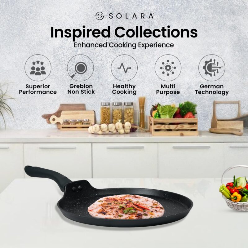 SOLARA Granite Dosa Tawa Non Stick Pan 28cm, Dosa Tawa Induction Base & Gas Compatible with Soft-Touch Handles, Flat Dosa Tava - Black - Image 6