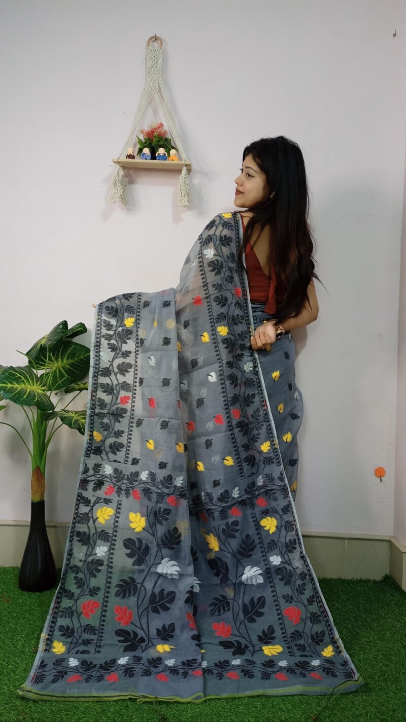 Rnn Saree Bonolata Soft Cotton Silk Dhakai Jamdani Saree without Blouse (Grey & Black) - Image 4