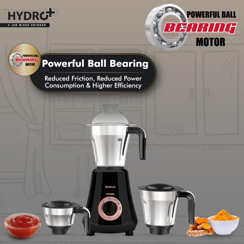 Havells Hydro Plus 1000 watt 3 Jar Mixer Grinder with Ball Bearing Motor, 22000 RPM, Wider mouth Stainless Steel Jar, Hands Free operation, SS-304 Grade Blade & 2 Yr Manufacturer Warranty - Image 4