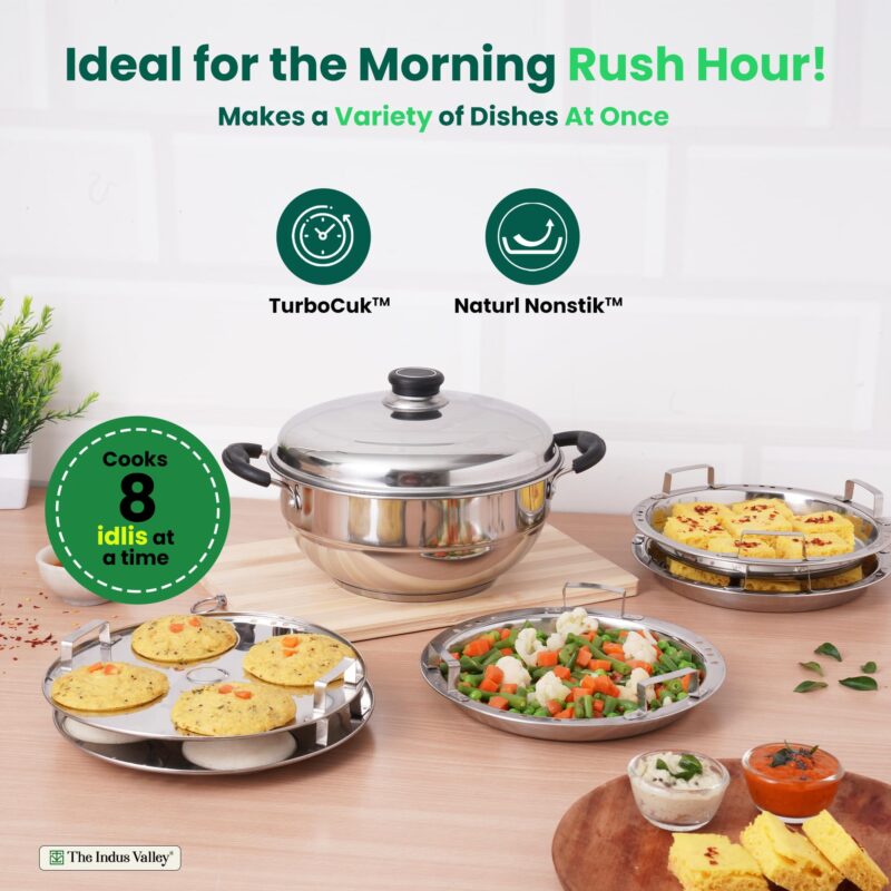 The Indus Valley Stainless Steel Idli Maker/Momo Maker/Multi Kadai/Steamer Set | Small, 5 Plates, 2 Idli | 2 Dhokla | 1 Steamer | 23cm/9 inch, 3Ltr, 1.7kg | 3-Layer Thick Bottom | Induction friendly - Image 4