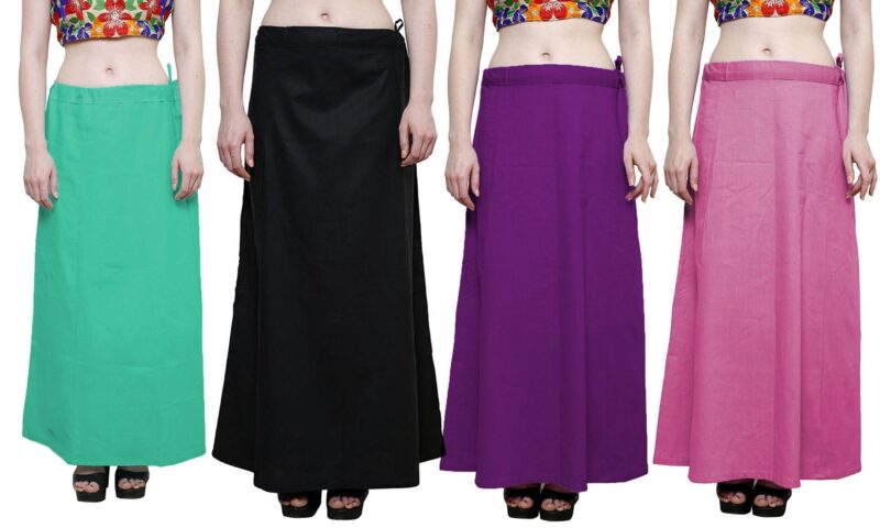 Nikita Women Cotton Saree Underskirt (Pack of 4) (Aqua Green, Black, Dark Violet & Dark Lavender_Free Size)