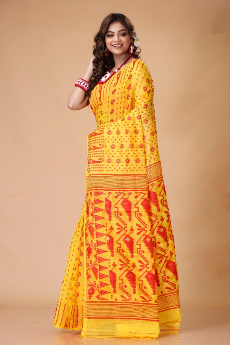 Tant Vastra Stylish Soft Cotton Silk Jamdani Saree For Women, Without Blouse Piece (Yellow) - Image 6