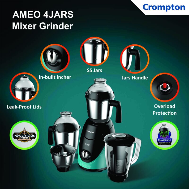 Crompton Ameo 750-Watt Mixer Grinder with MaxiGrind and Motor Vent-X Technology (3 Stainless Steel Jars and 1 Juicer Jar, Black & Green) (AMEO-4JARS) - Image 3