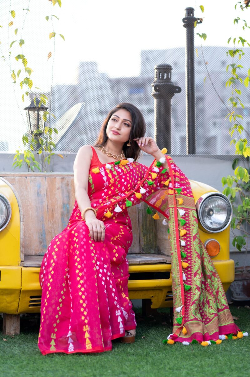 Rupanjali Jamdani Handloom Woven Pure Cotton Soft Light Weight Saree For Women's - Rani - Image 8
