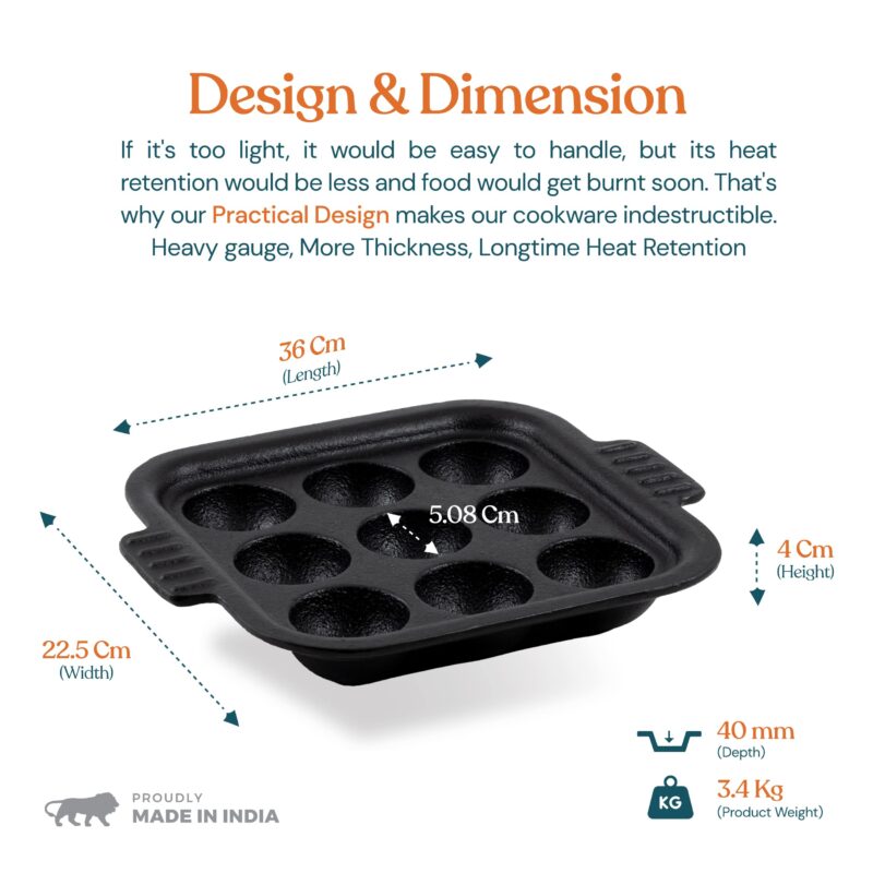 Bhagya Cast Iron Cookware Bhagya Cast Iron Paniyaram Pan/Unniyappam Chatty/Paddu Maker/Appam Pan Pre-Seasoned | Naturally Non-Sticky Cookware | Non Toxic - 9 Holes, Large - Image 6