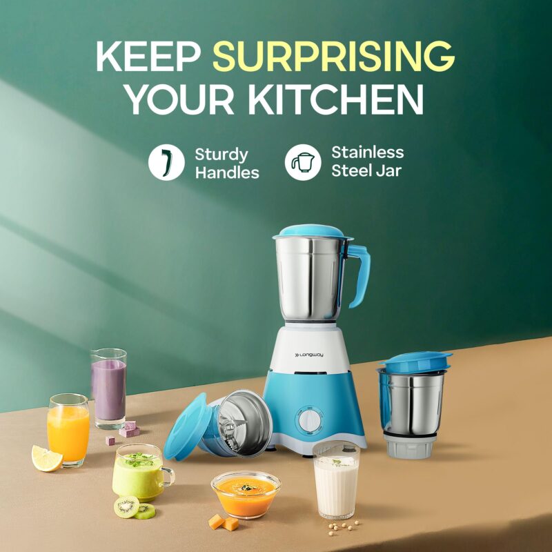 Longway Super-dlx 700 W Mixer Grinder (3 Jars, White & Green) Long Lasting Shock Proof ABS body | Heavy Duty Motor | Nano-grinding technology | 304 Grade Stainless Steel Blade | Noise levels 80-90 DB - Image 6